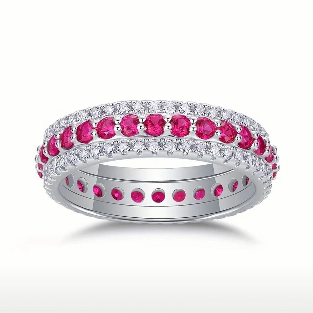 NWT Certified S925 Silver 3-Row Moissanite Ruby Inlaid Full Ring